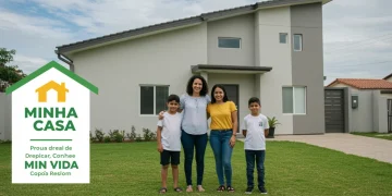 Família brasileira feliz em frente à sua nova casa do programa Minha Casa Minha Vida.