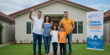 Família feliz em frente à nova casa com as chaves, celebrando a conquista via Minha Casa Minha Vida.