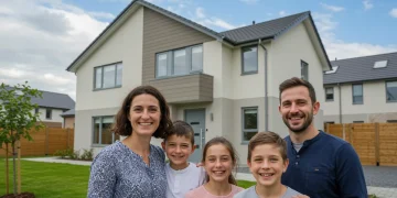 Família feliz em frente à sua nova casa, símbolo de conquista da moradia própria pelo programa Minha Casa Minha Vida.