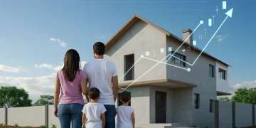 Família brasileira feliz em frente a uma casa nova, simbolizando o programa Minha Casa Minha Vida.