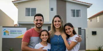 Família feliz em frente à nova casa, símbolo da conquista da moradia própria com o Minha Casa Minha Vida.