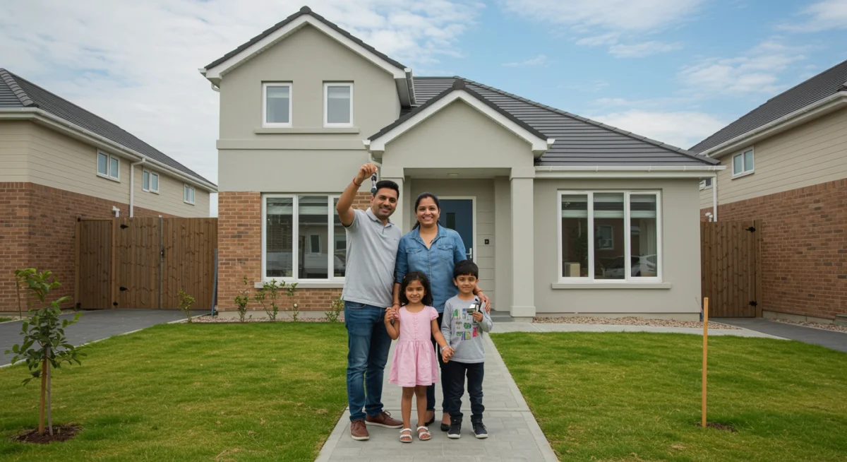 Família feliz recebendo as chaves da nova casa pelo programa Minha Casa Minha Vida