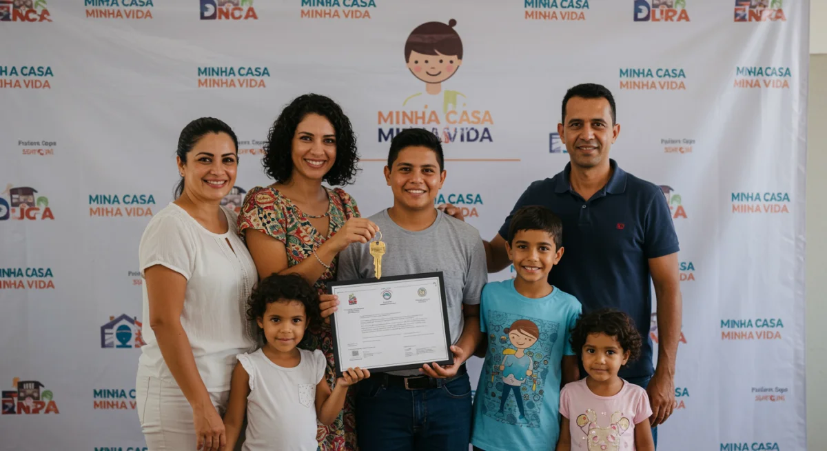 Família feliz recebendo as chaves da casa própria, com banner do Minha Casa Minha Vida, representando a aprovação no programa.