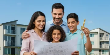 Família feliz olhando planta de casa, com chave na mão, simbolizando a conquista da casa própria pelo Minha Casa Minha Vida.
