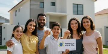 Família brasileira comemorando a conquista da casa própria pelo programa Minha Casa Minha Vida em 2026.