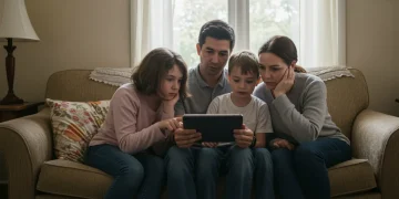 Família brasileira consultando informações sobre o Auxílio Brasil em tablet, buscando entender o limite de renda para o benefício.