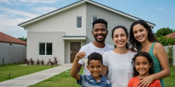 Família brasileira feliz em frente à casa própria, com chaves na mão, representando o sonho realizado pelo Minha Casa Minha Vida.