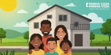 Família brasileira feliz em frente à nova casa do programa Minha Casa Minha Vida.