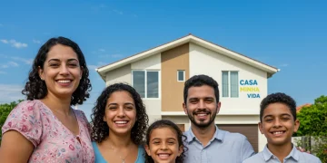 Família brasileira feliz na frente de uma casa nova do programa Minha Casa Minha Vida