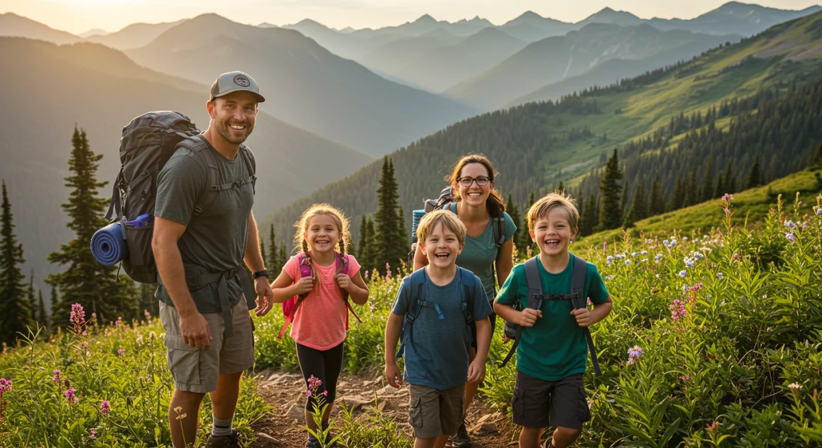 Família feliz caminhando em trilha de montanha, com mochilas, simbolizando férias ativas e momentos em família.