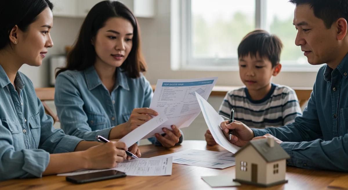Família analisando documentos financeiros e opções de uso do FGTS para quitação do MCMV.