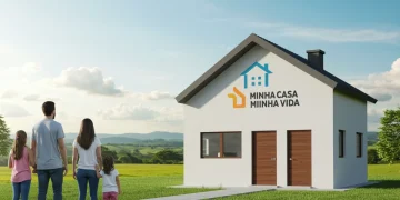 Família feliz em frente à sua nova casa, simbolizando a conquista do lar próprio pelo programa Minha Casa Minha Vida.