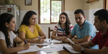 Família brasileira discutindo planejamento financeiro e benefícios sociais em casa