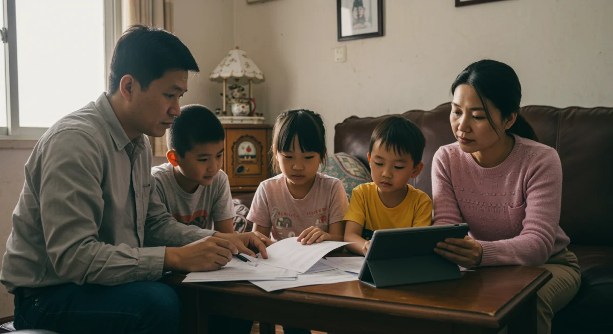 Família brasileira analisando documentos e tablets, discutindo o planejamento financeiro e o Auxílio Brasil.