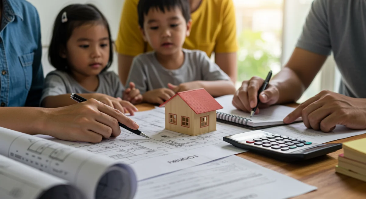 Família analisando planta de casa com documentos financeiros, simbolizando planejamento de compra via MCMV em cenário inflacionário.