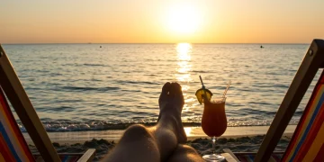 Pessoa relaxando em uma cadeira de praia, observando o pôr do sol sobre o mar, simbolizando férias perfeitas.