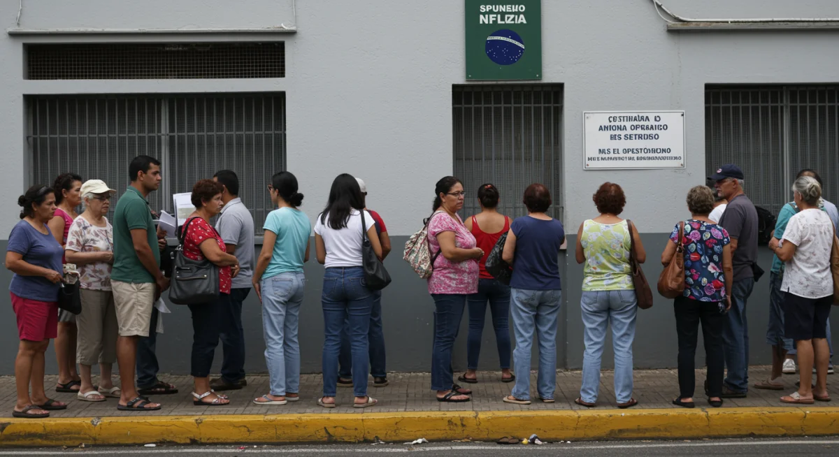 Pessoas de diferentes idades e perfis em fila para atendimento em um centro de assistência social no Brasil.