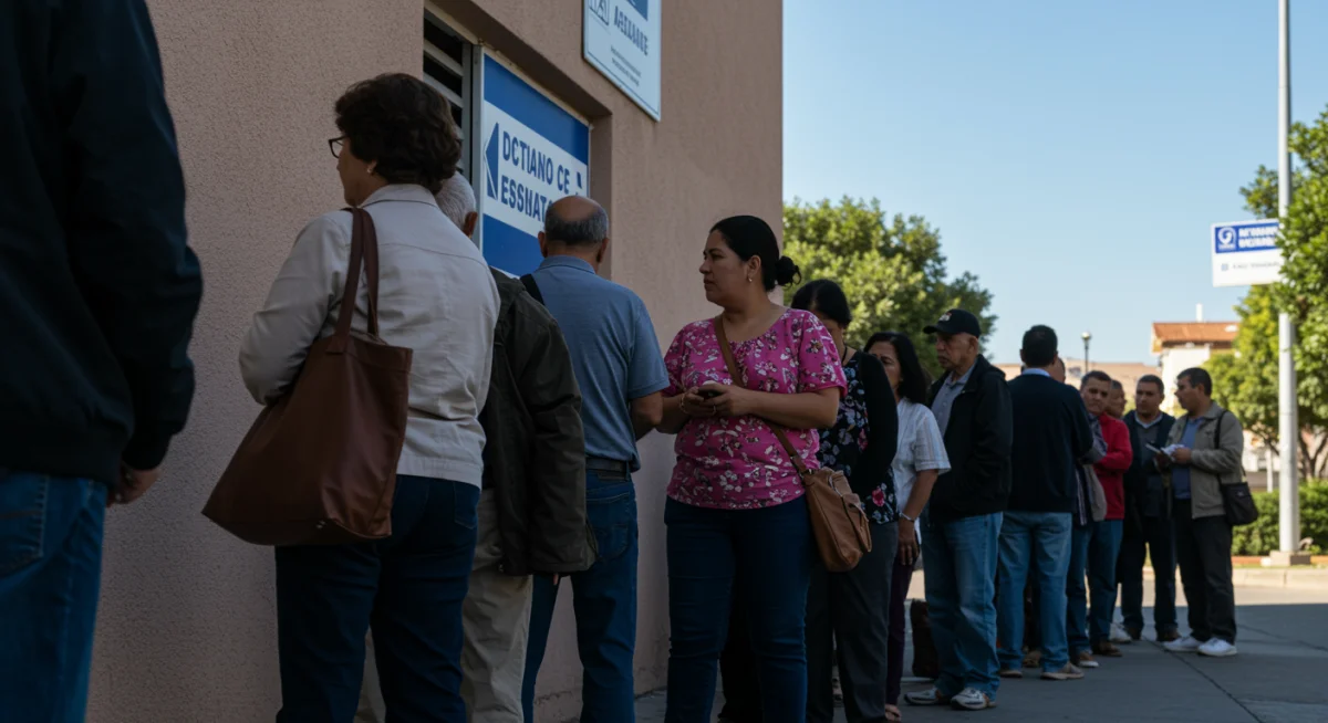 Pessoas aguardando em fila em frente a um centro de assistência social para se informar sobre o Auxílio Brasil e seus requisitos.