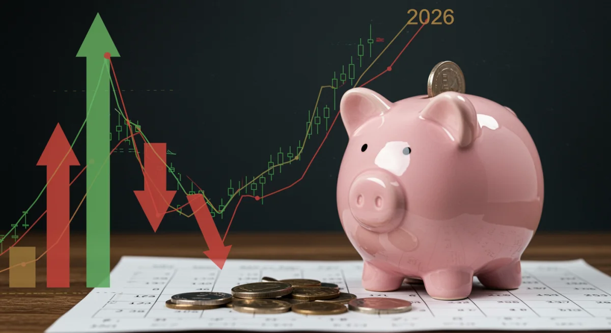 Gráficos econômicos com setas de tendência, um cofrinho e um calendário de 2026, representando a volatilidade de juros e poupança para financiamento.