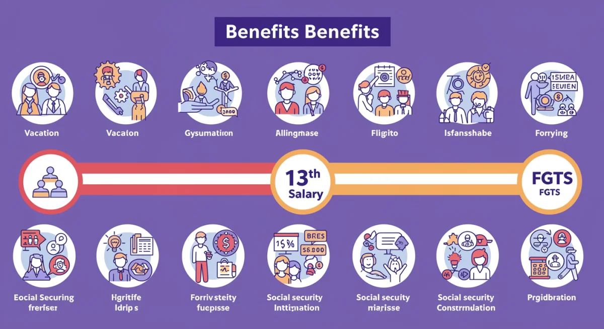 Infográfico detalhando os principais benefícios e direitos do regime CLT, como férias, 13º salário e FGTS.