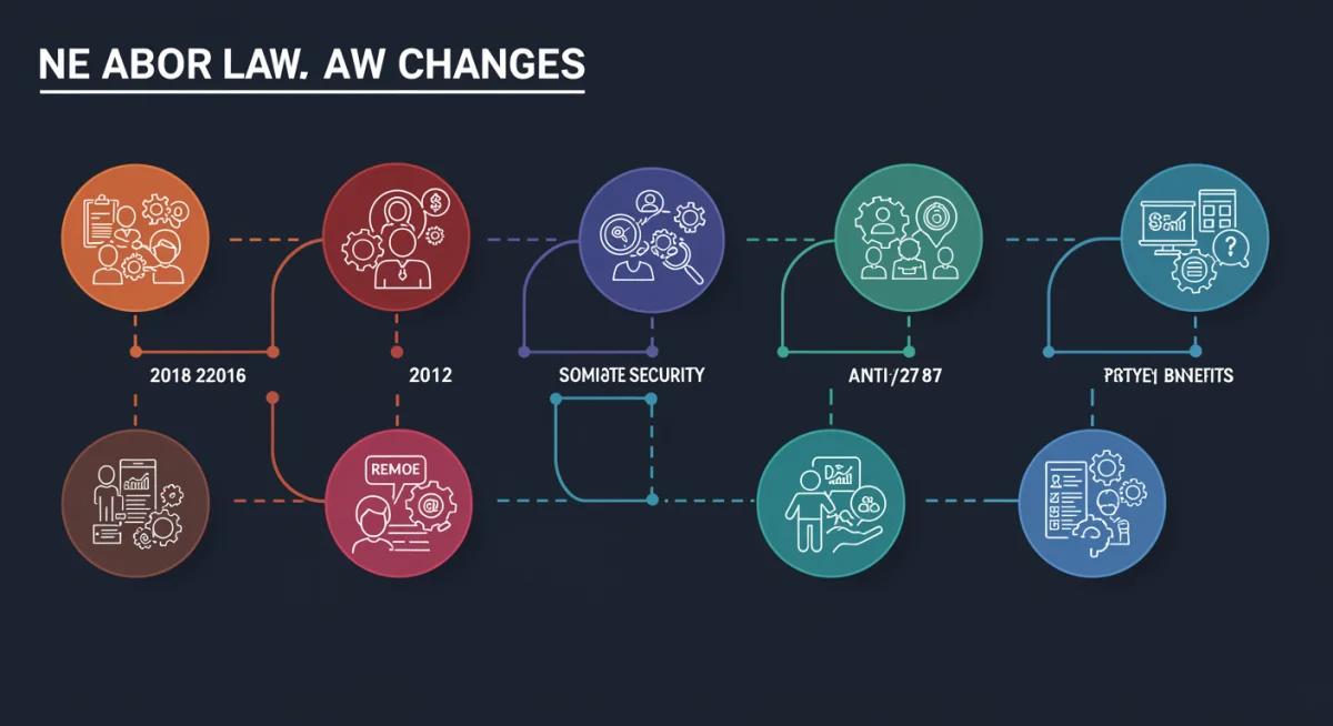 Infográfico com linha do tempo destacando mudanças na legislação trabalhista, incluindo trabalho remoto e benefícios.