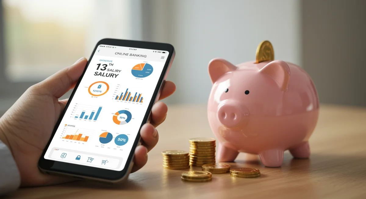 Mão segurando smartphone com aplicativo de banco, cofrinho e moedas ao fundo.