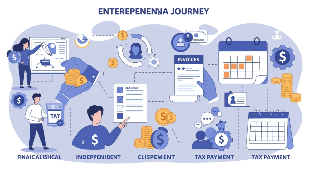 Representação visual da autonomia e desafios do profissional PJ, incluindo gestão financeira e relacionamento com clientes.