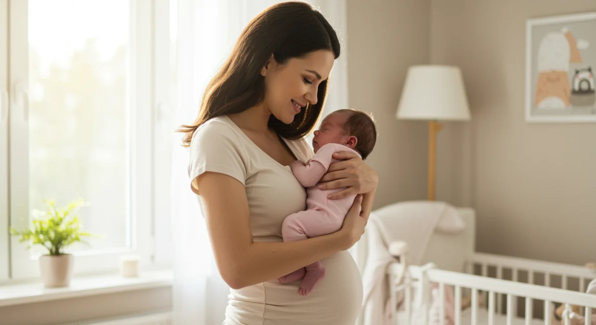 Mãe com bebê recém-nascido, desfrutando da licença-maternidade.