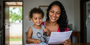 Mãe solteira brasileira com seu filho, sorrindo, com documentos do Auxílio Brasil