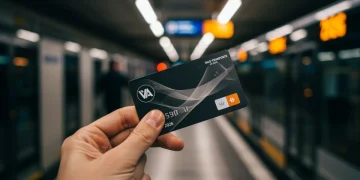 Mão segurando cartão de vale-transporte moderno em estação de transporte público, simbolizando o deslocamento diário do trabalhador.