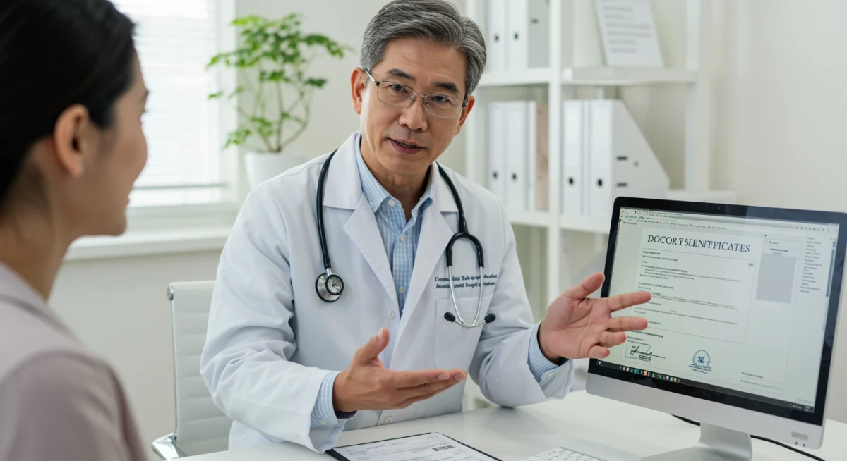 Médico explicando um diagnóstico a um paciente, reforçando a validade e a origem profissional do atestado médico.
