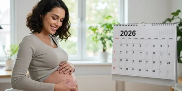 Mulher grávida sorrindo, com calendário de 2026 ao fundo, simbolizando licença-maternidade.