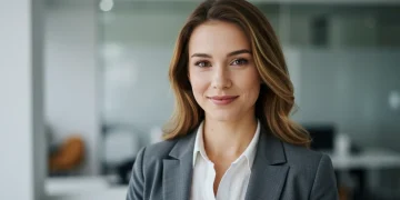 Mulher profissional sorrindo em escritório, simbolizando segurança e estabilidade no emprego.
