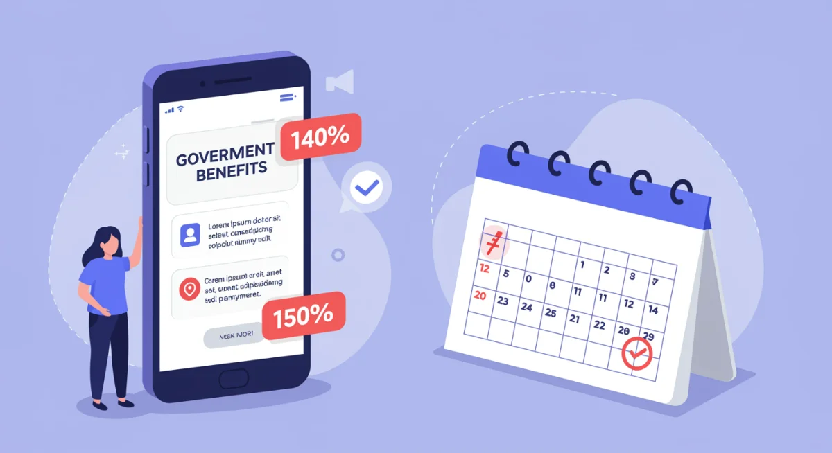 Smartphone exibindo notificações de benefícios governamentais e calendário de pagamentos.