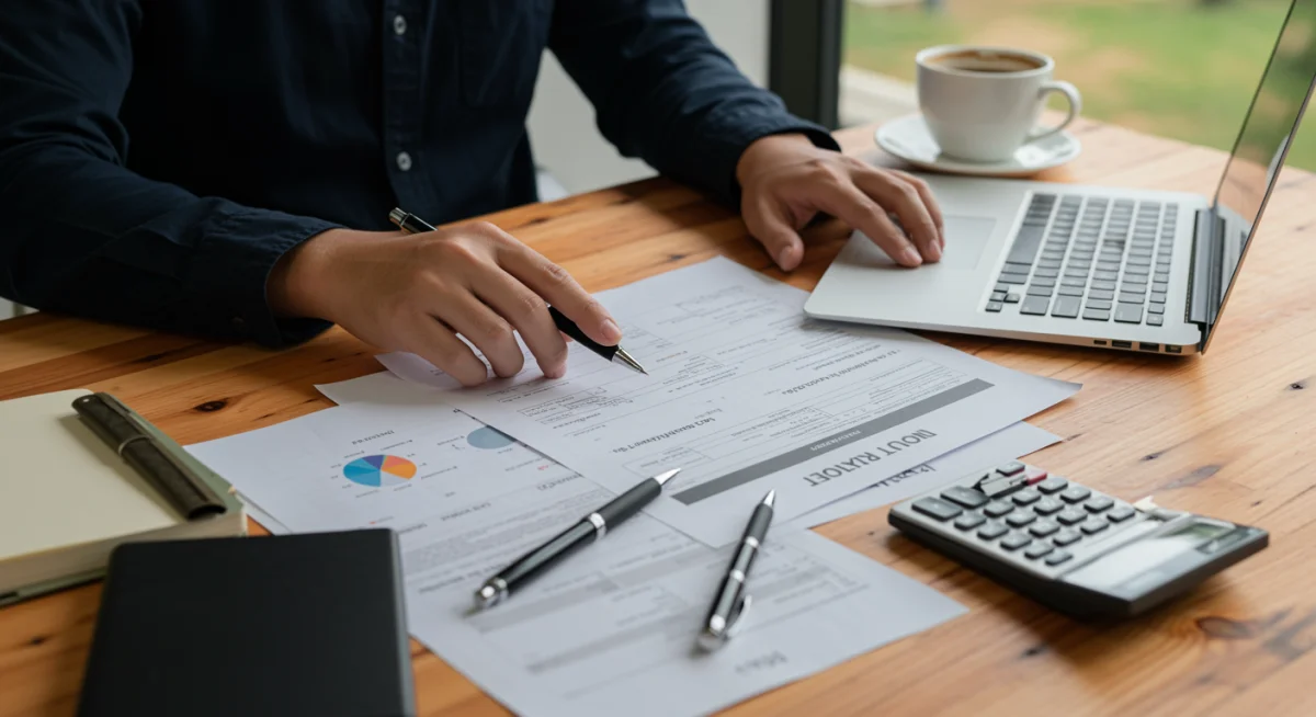 Pessoa organizando documentos e preenchendo formulários em um computador, preparando-se para a solicitação de financiamento.