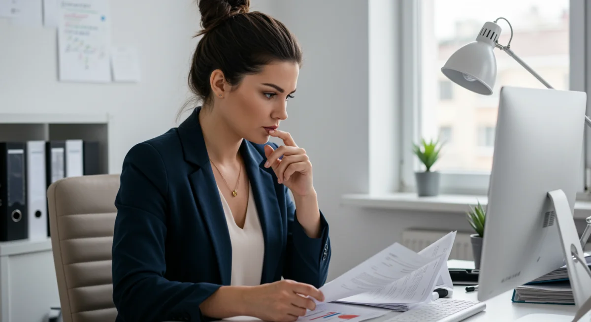 Mulher organizando documentos para solicitação de licença-maternidade.