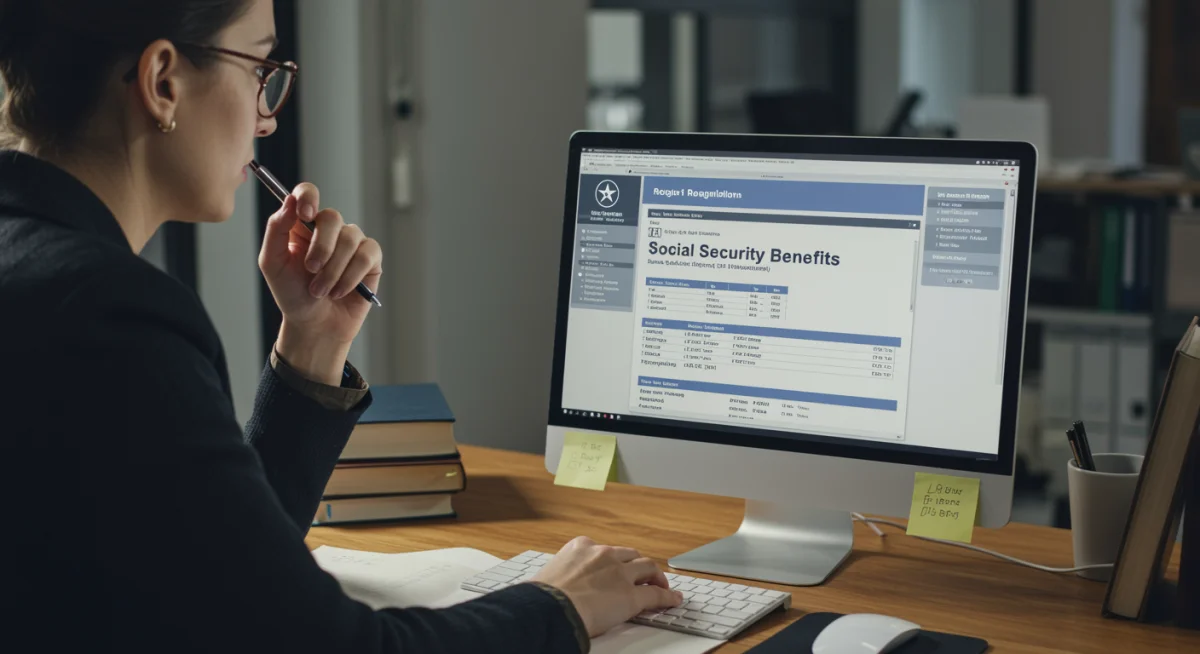 Pessoa pesquisando sobre direitos trabalhistas e previdenciários em um computador, com documentos e livros na mesa.