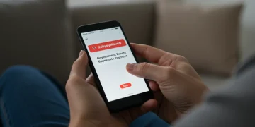 Pessoa preocupada segurando celular com notificação de pagamento do Auxílio Brasil atrasado.