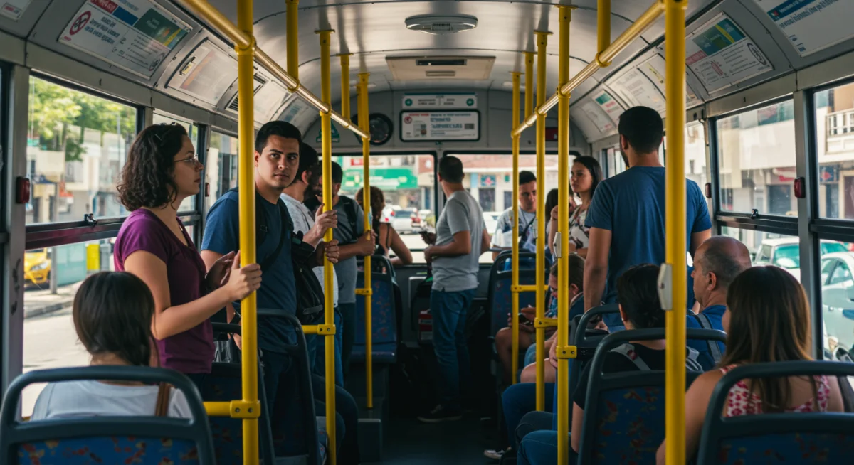 Pessoas diversas em um ônibus moderno durante o trajeto diário para o trabalho, destacando a importância do vale-transporte.