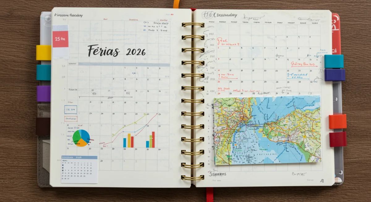 Diário de viagem ou planner aberto, com anotações sobre Férias 2026, orçamento e roteiro, destacando a importância do planejamento.