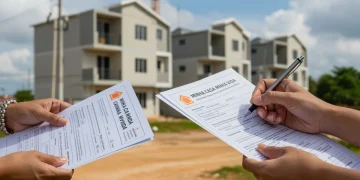 Pessoas preenchendo formulários de inscrição para o Minha Casa Minha Vida, com foco na atenção aos detalhes para evitar erros.