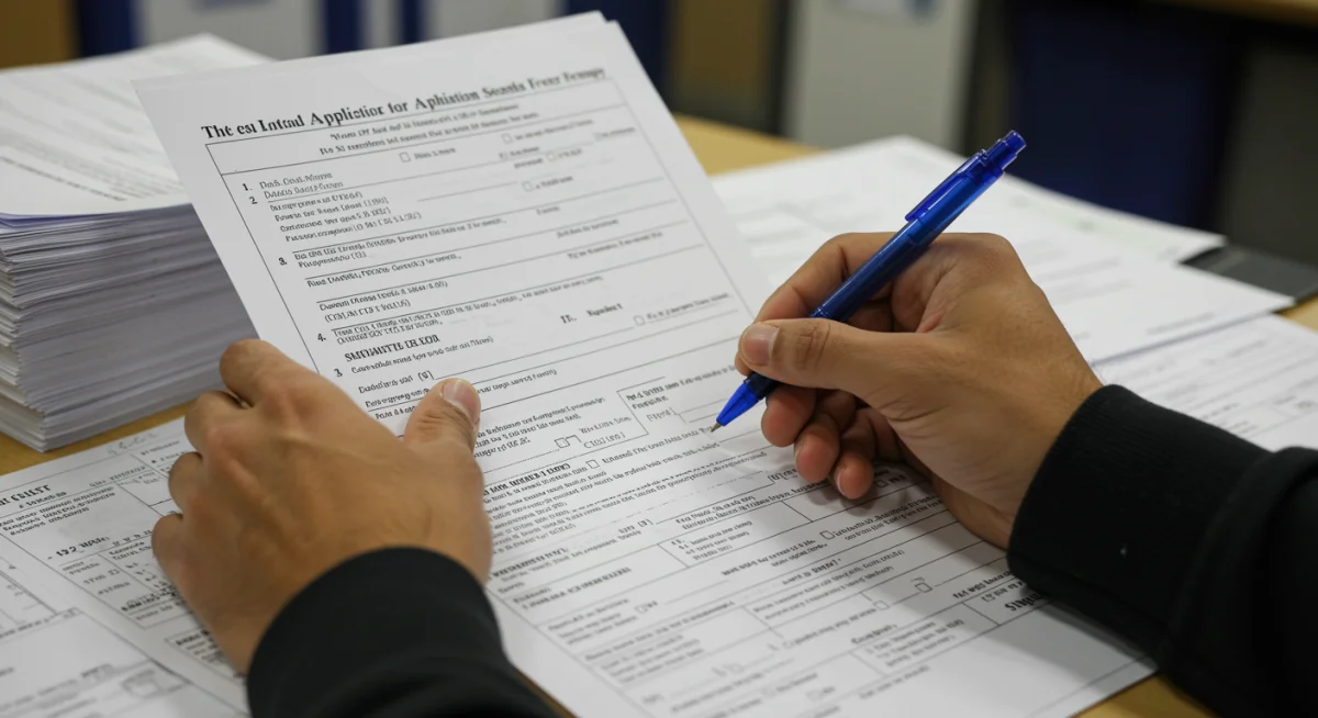 Mãos preenchendo formulários de inscrição para programa habitacional