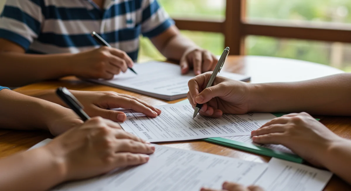 Mãos preenchendo formulários de solicitação do Salário-Família 2026