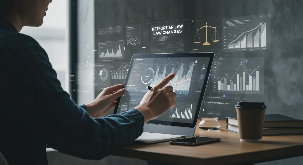 Pessoa estudando textos e gráficos sobre as novas leis trabalhistas, simbolizando a preparação individual para as mudanças.