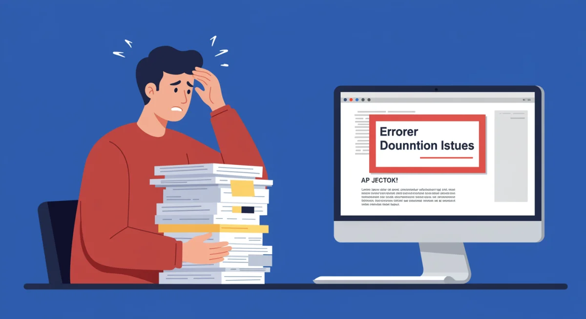 Pessoa preocupada com documentos e tela de computador, simbolizando problemas na documentação para o MCMV.