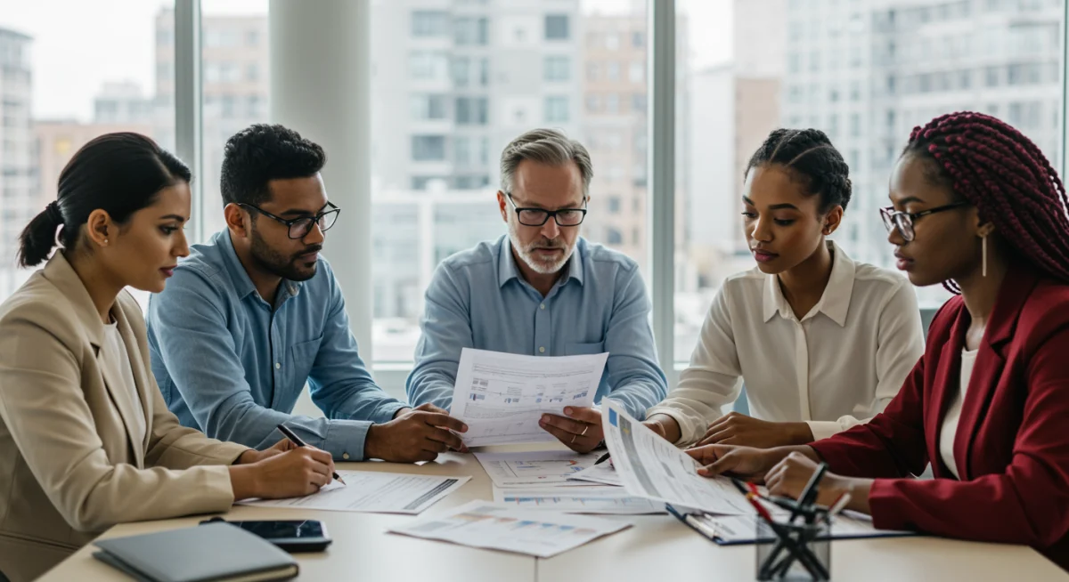 Profissionais em reunião analisando documentos financeiros, discutindo o impacto das novas regras do FGTS.
