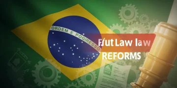 Engrenagens e documentos legais sobrepostos, simbolizando as mudanças e complexidades da Reforma Trabalhista 2026 no Brasil.