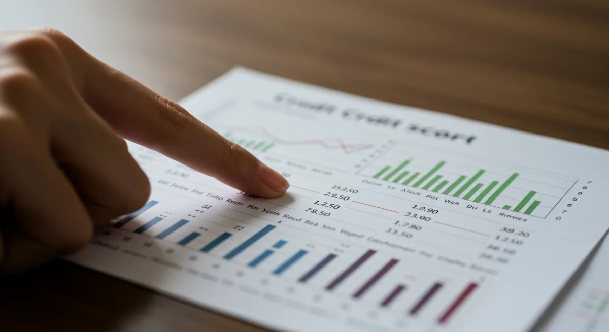 Relatório de score de crédito com indicadores positivos, simbolizando boa saúde financeira para análise de crédito.