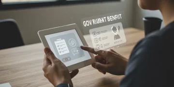 Pessoa solicitando Seguro-Desemprego 2026 online em tablet, com interface digital de benefício governamental.