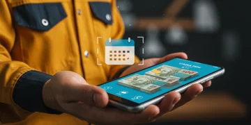 Mão de trabalhador brasileiro segurando smartphone com aplicativo Caixa Tem, com calendário e notas de real ao fundo, representando o PIS/Pasep.